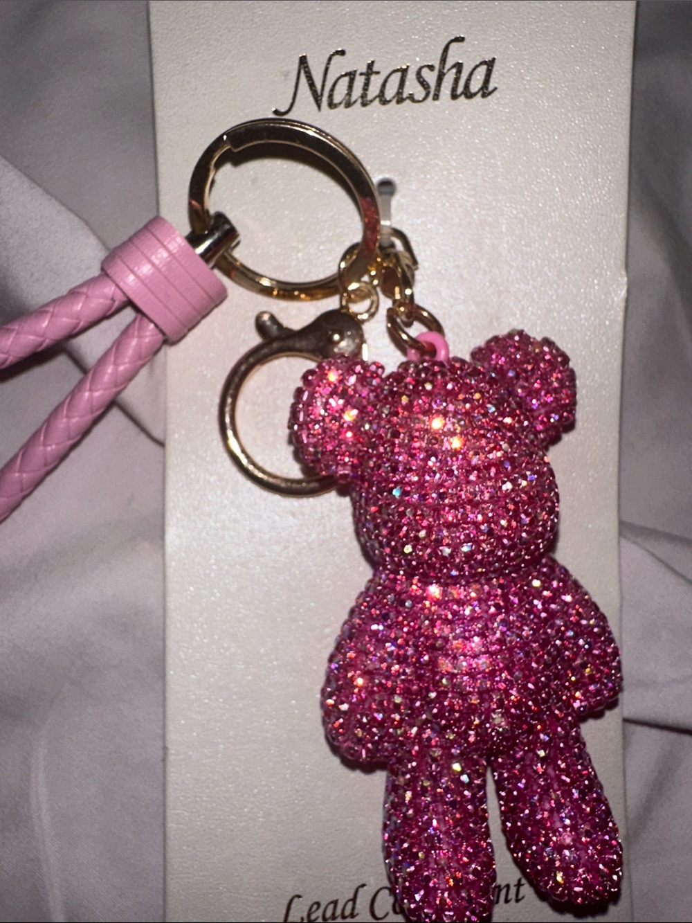 NWT Natasha Couture Pink Crystal Teddy Bear Keychain with Braided Wristlet gold - Picture 3 of 3